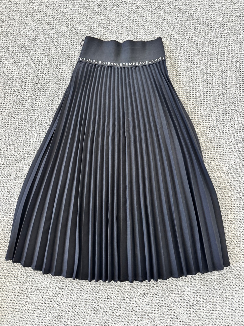 Branded Elastic-Waist Black Pleated A-Line Skirt